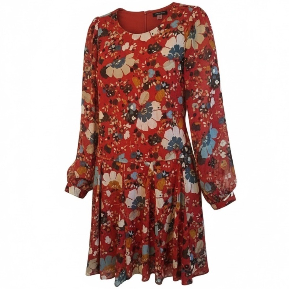Tommy Hilfiger Rust Floral Drop Waist Chiffon Dress Long Sleeve Size 10